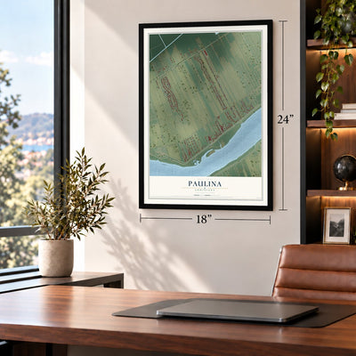 Paulina, Louisiana map, 18 x 24 inch print in a black frame in a home office