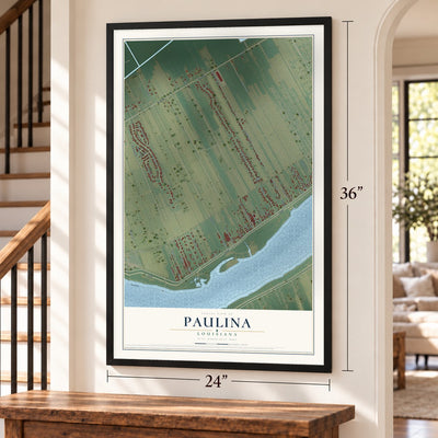 Paulina, Louisiana map, 24 x 36 inch print in a black frame by a staircase