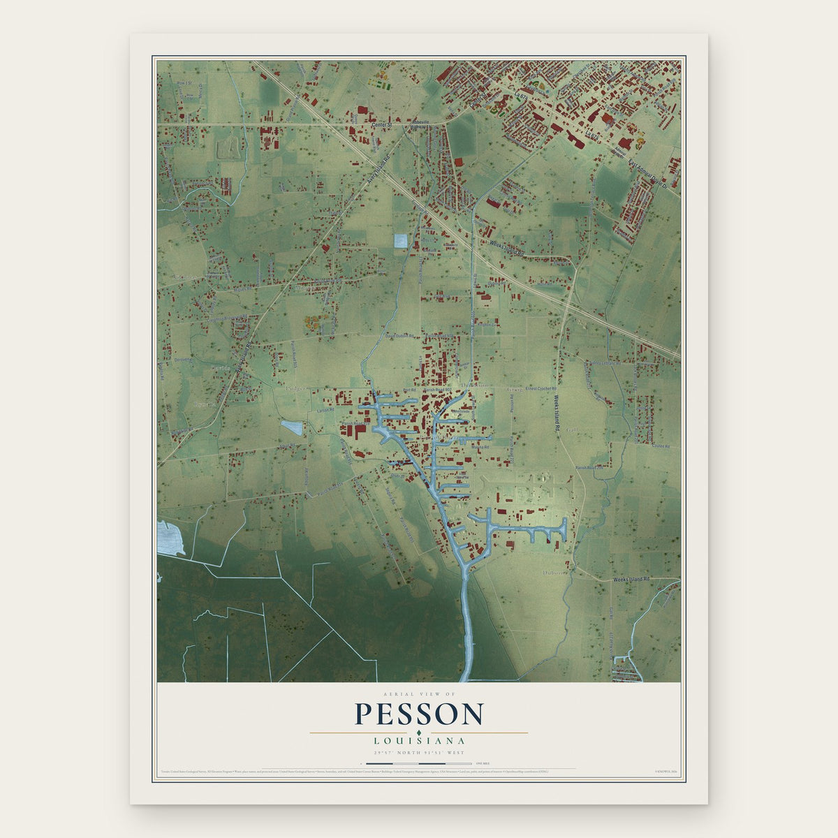 Pesson, Louisiana map print, the full design