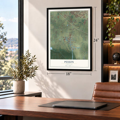 Pesson, Louisiana map, 18 x 24 inch print in a black frame in a home office