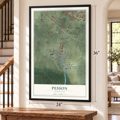 Pesson, Louisiana map, 24 x 36 inch print in a black frame by a staircase
