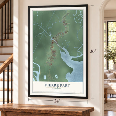 Pierre Part, Louisiana map, 24 x 36 inch print in a black frame by a staircase