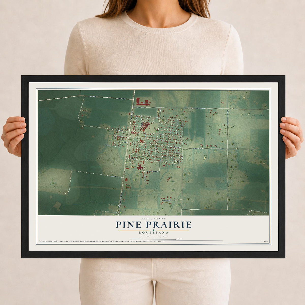 Map of Pine Prairie, Louisiana, 12 x 18 inch print in a black wood frame