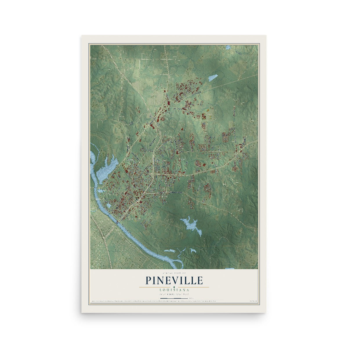 Map of Pineville, Louisiana, 12 x 18 inch unframed archival matte print