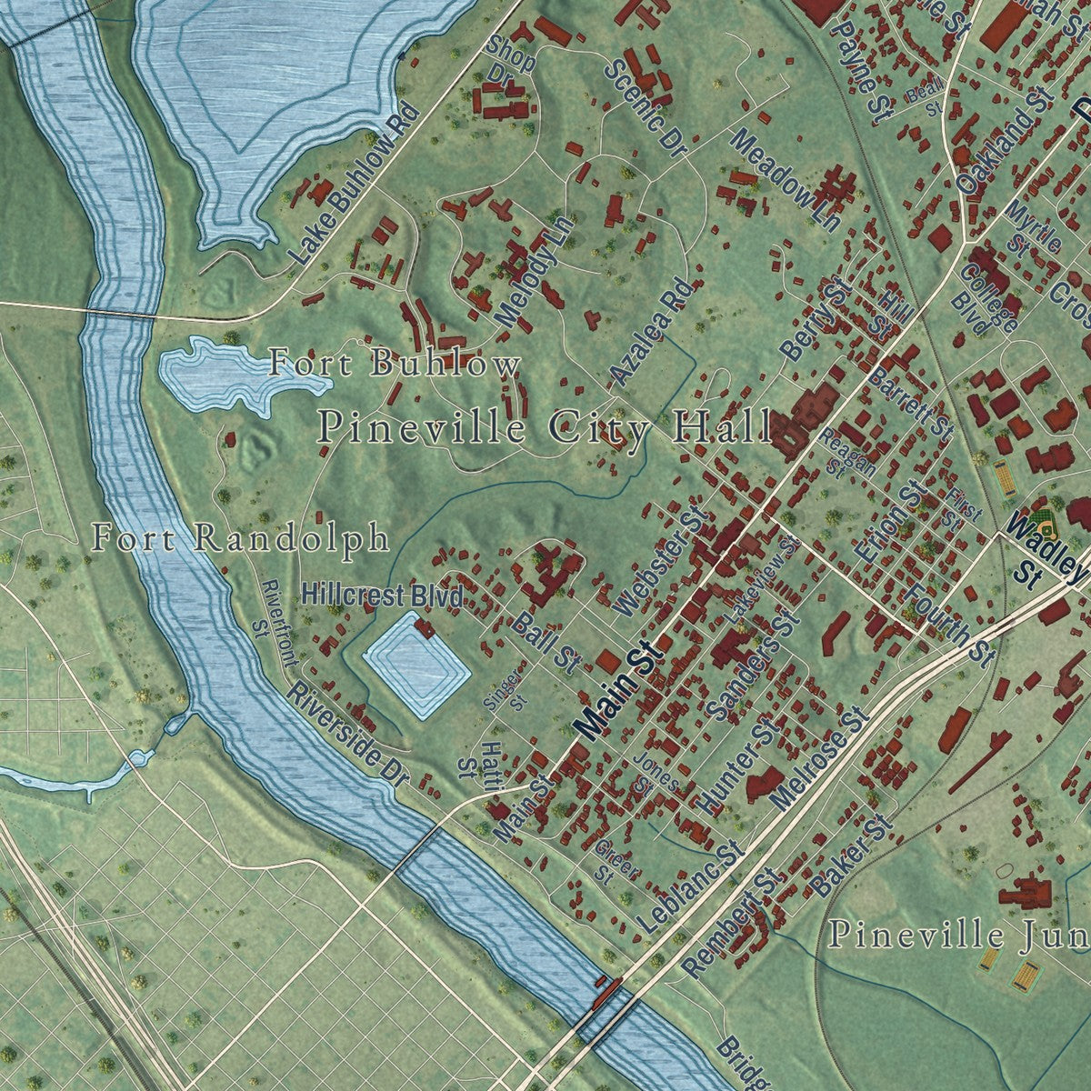 Close-up of the map of Pineville, Louisiana print showing street and building detail