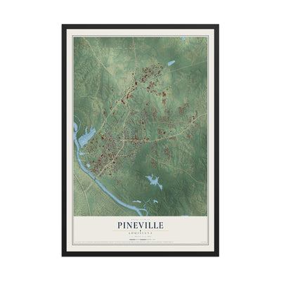 Map of Pineville, Louisiana, 12 x 18 inch print in a black wood frame