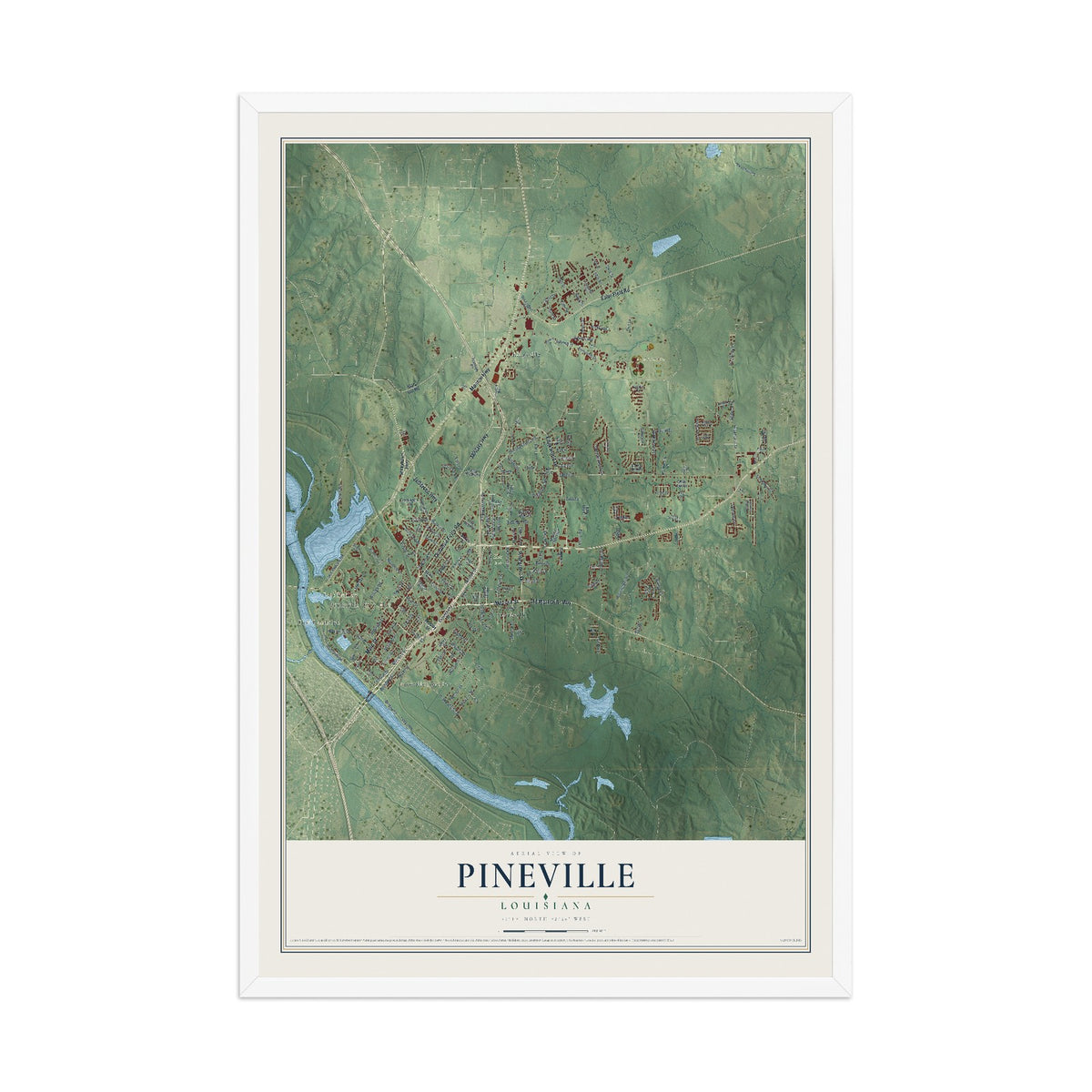Map of Pineville, Louisiana, 12 x 18 inch print in a white wood frame