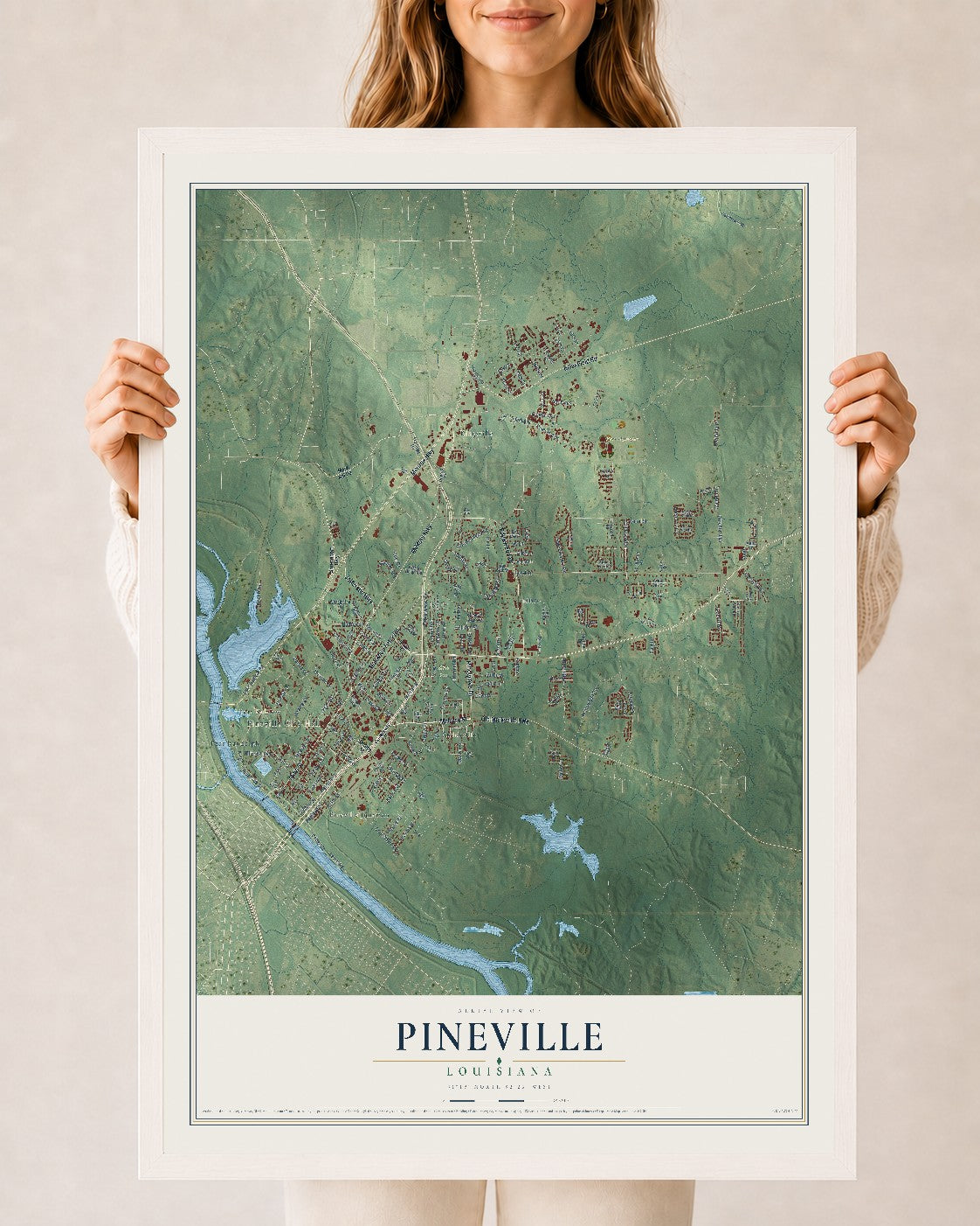 Map of Pineville, Louisiana, 24 x 36 inch print in a white wood frame