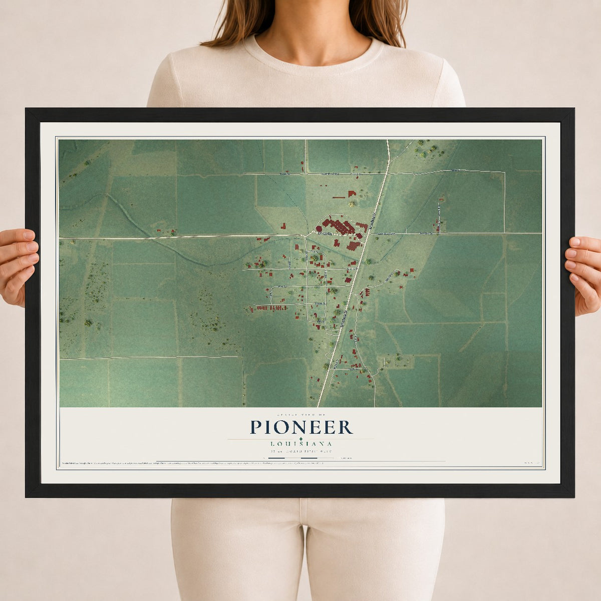 Map of Pioneer, Louisiana, 18 x 24 inch print in a black wood frame