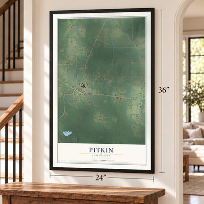 Pitkin, Louisiana map, 24 x 36 inch print in a black frame by a staircase