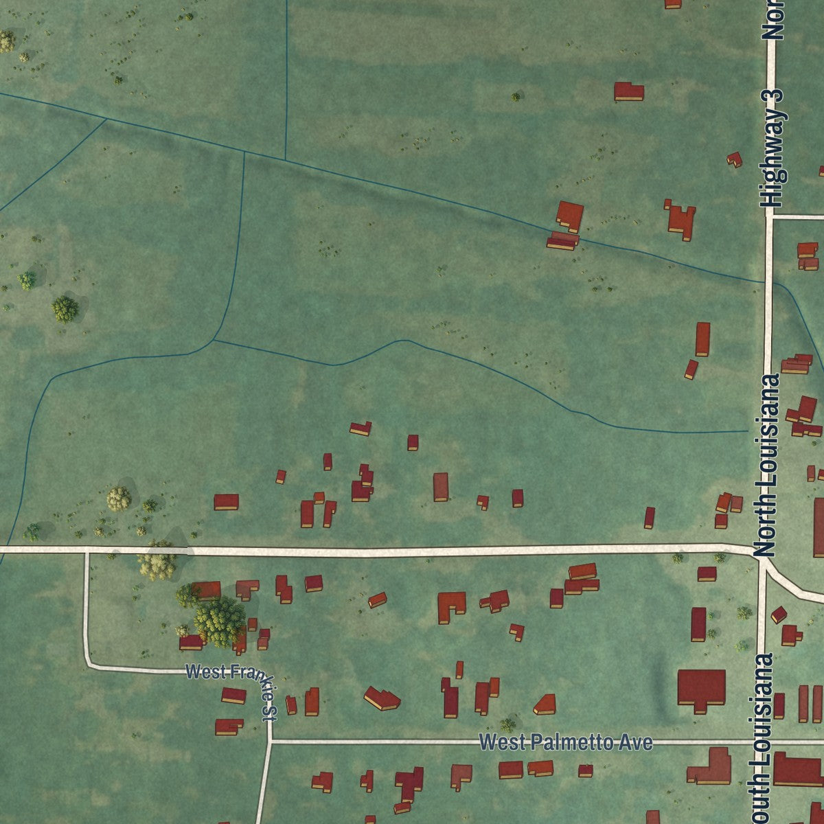 Second close-up of the map of Plain Dealing, Louisiana print showing more streets and buildings