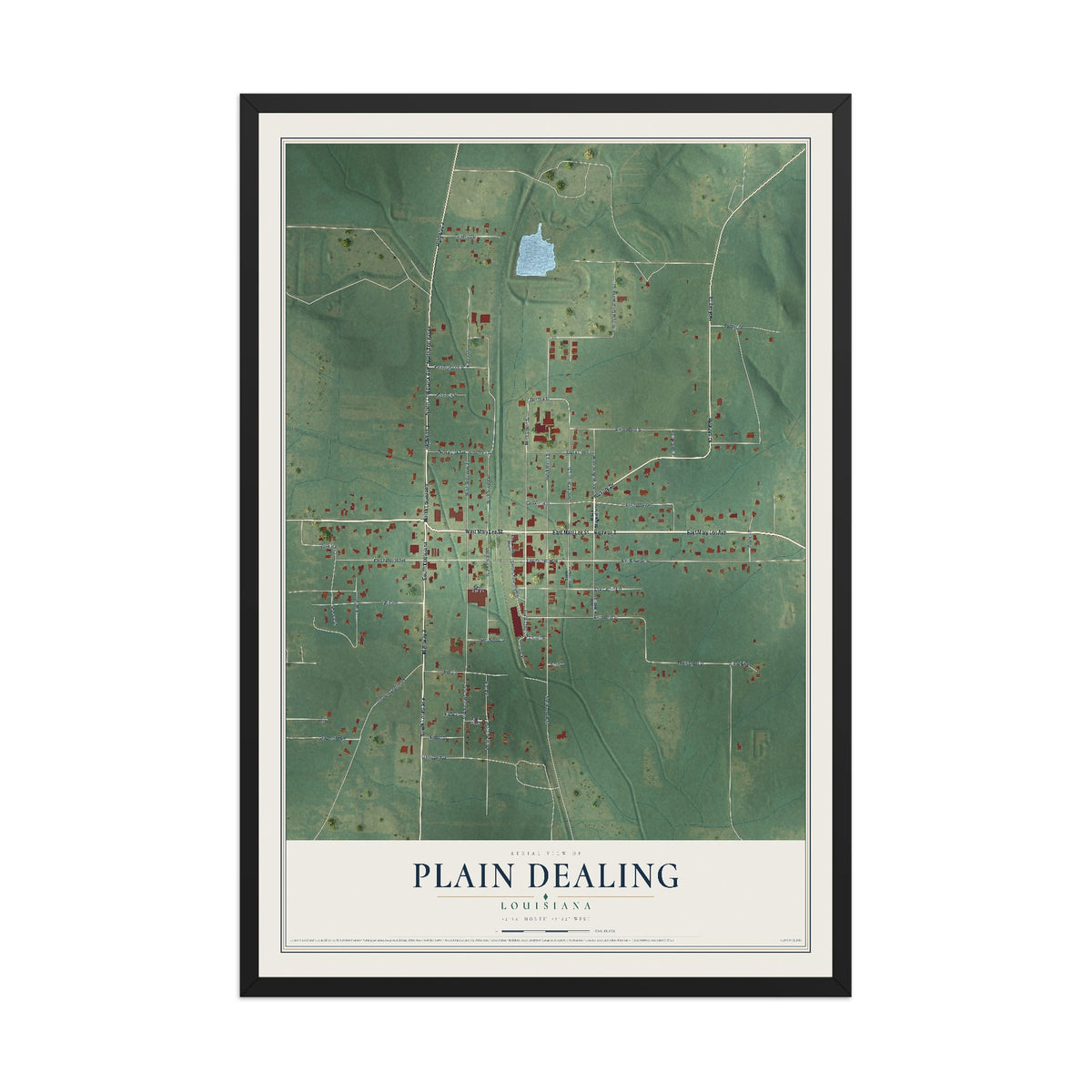 Map of Plain Dealing, Louisiana, 12 x 18 inch print in a black wood frame