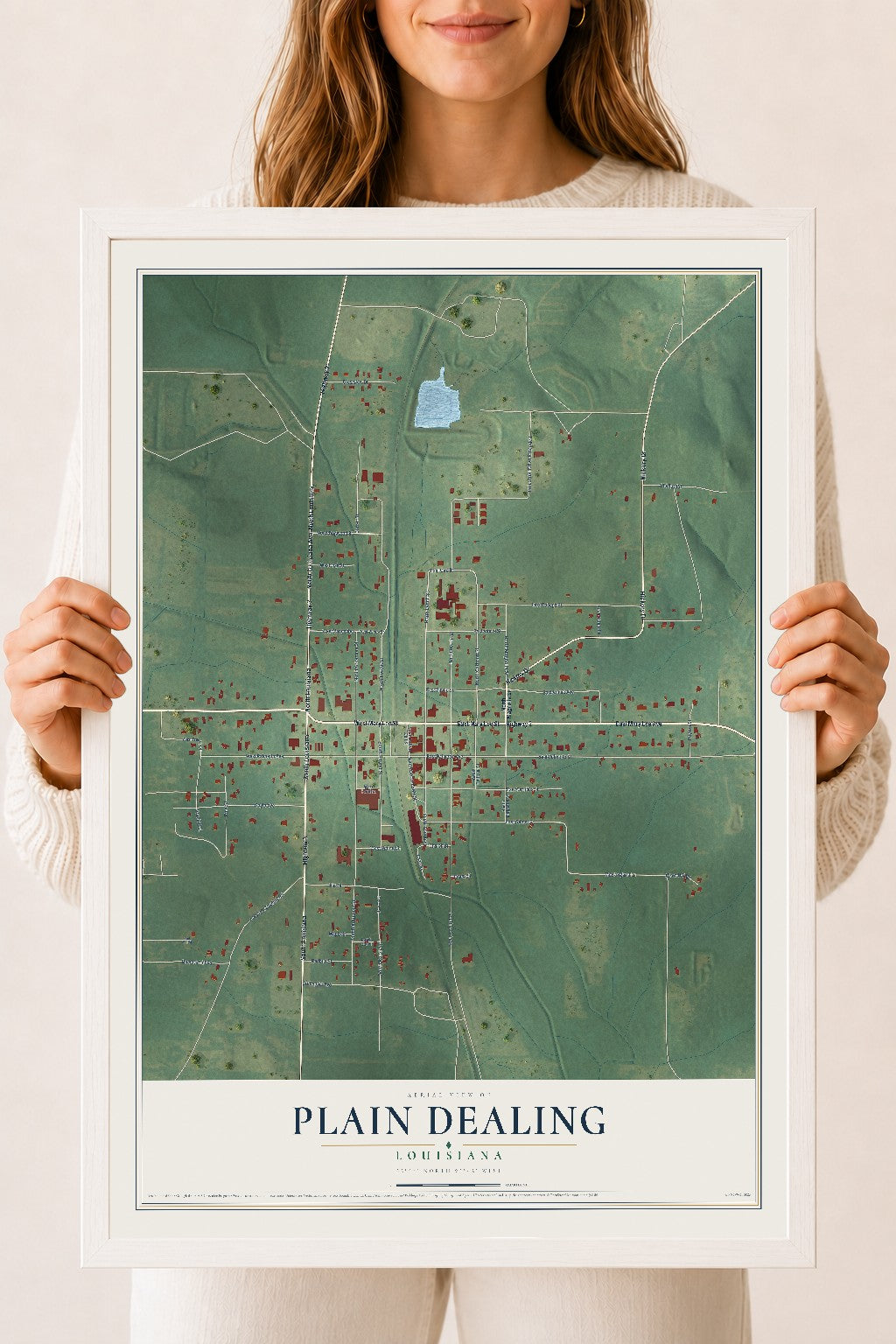 Map of Plain Dealing, Louisiana, 18 x 24 inch print in a white wood frame