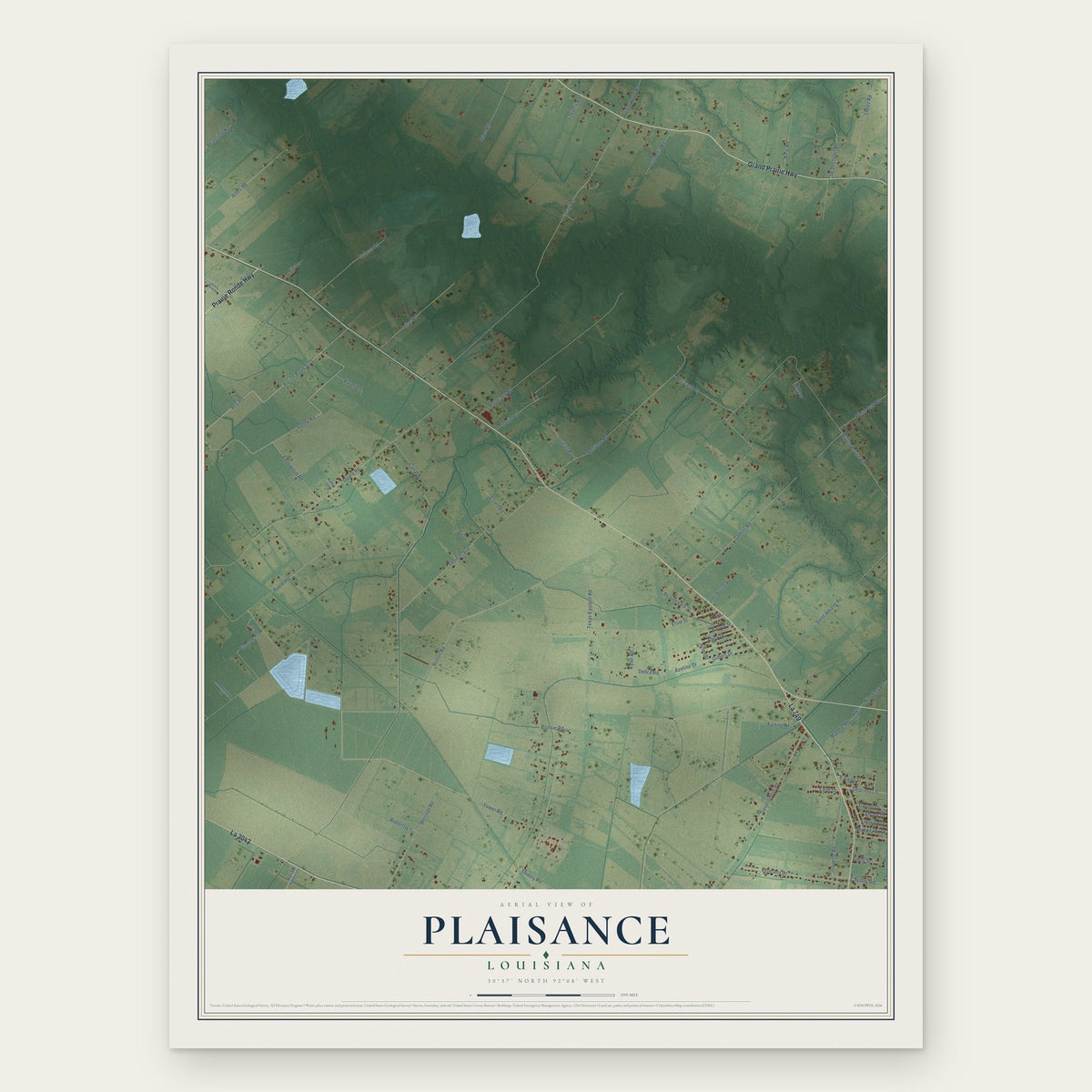 Plaisance, Louisiana map print, the full design