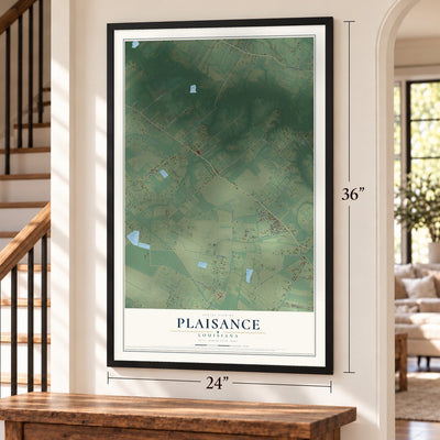 Plaisance, Louisiana map, 24 x 36 inch print in a black frame by a staircase