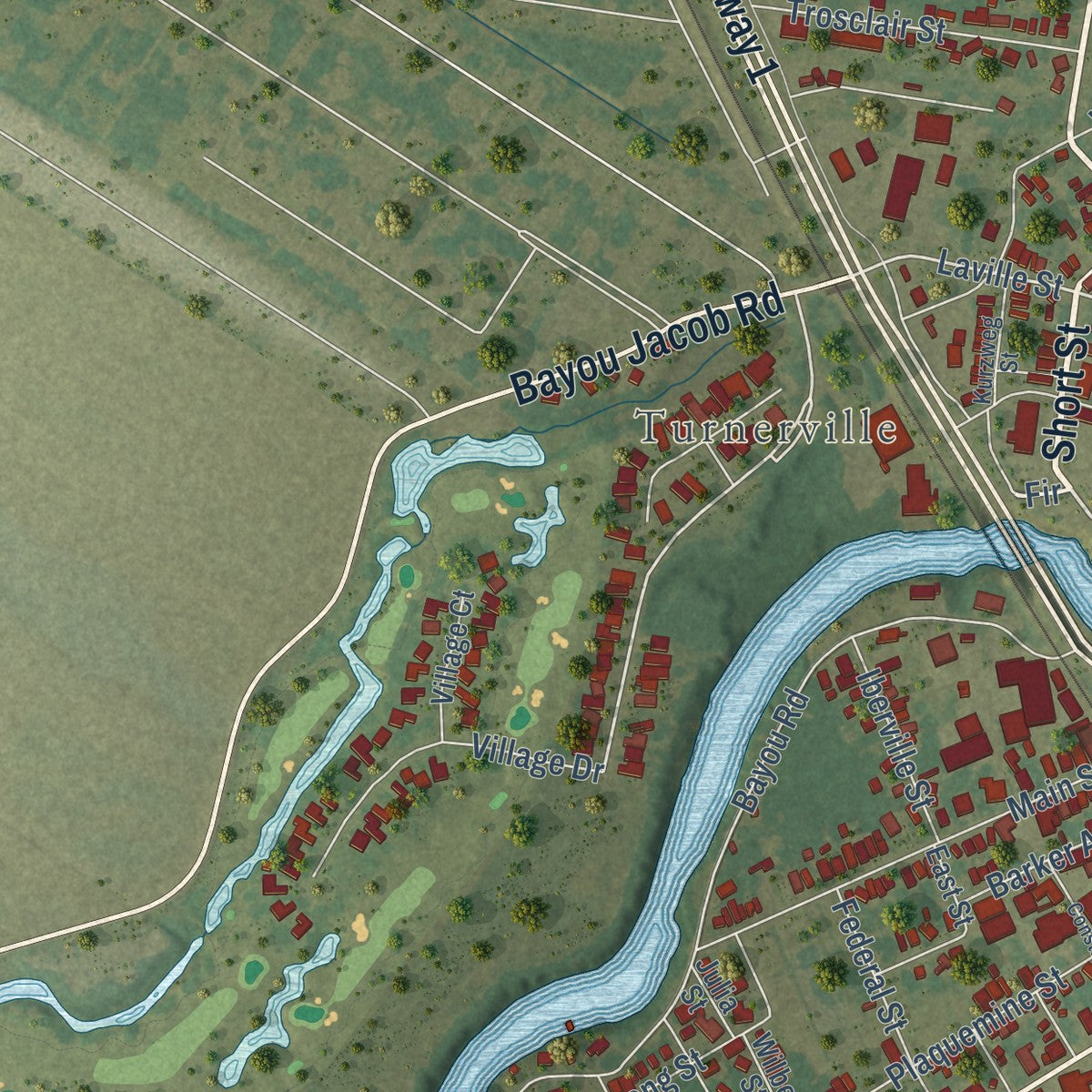 Second close-up of the map of Plaquemine, Louisiana print showing more streets and buildings