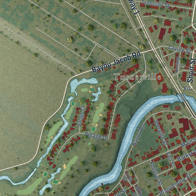 Second close-up of the map of Plaquemine, Louisiana print showing more streets and buildings