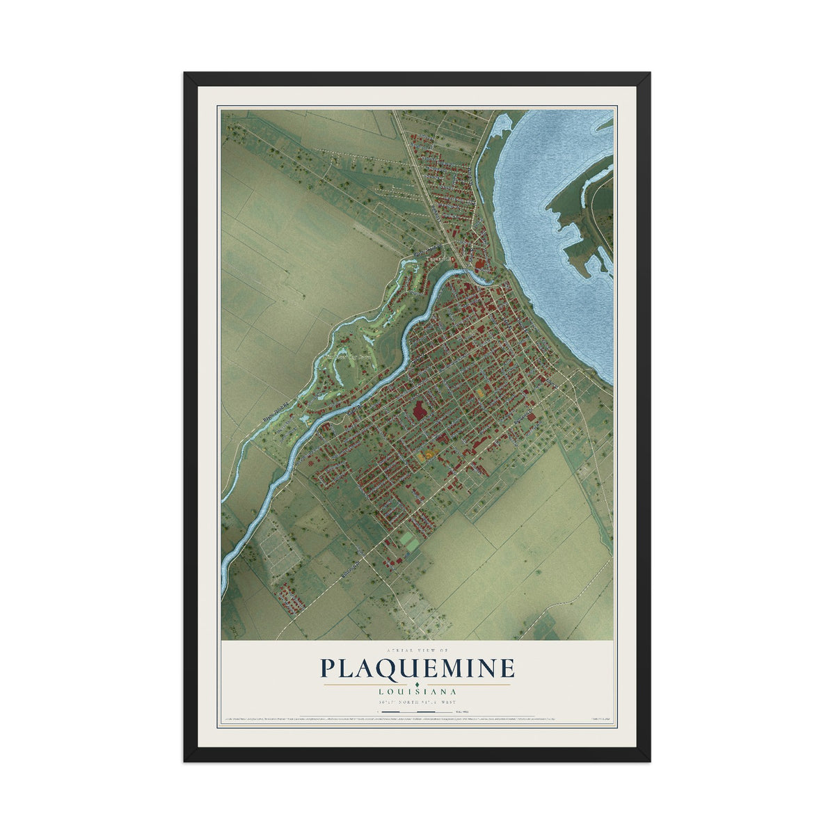 Map of Plaquemine, Louisiana, 12 x 18 inch print in a black wood frame