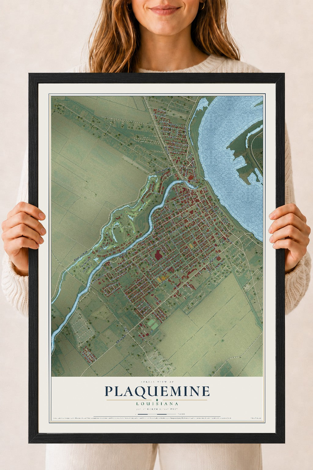 Map of Plaquemine, Louisiana, 18 x 24 inch print in a black wood frame