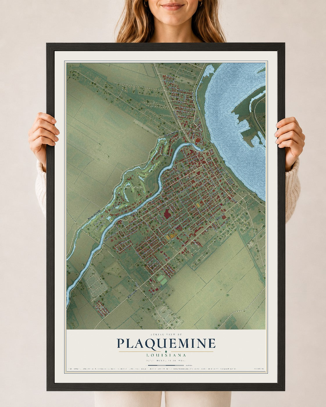 Map of Plaquemine, Louisiana, 24 x 36 inch print in a black wood frame