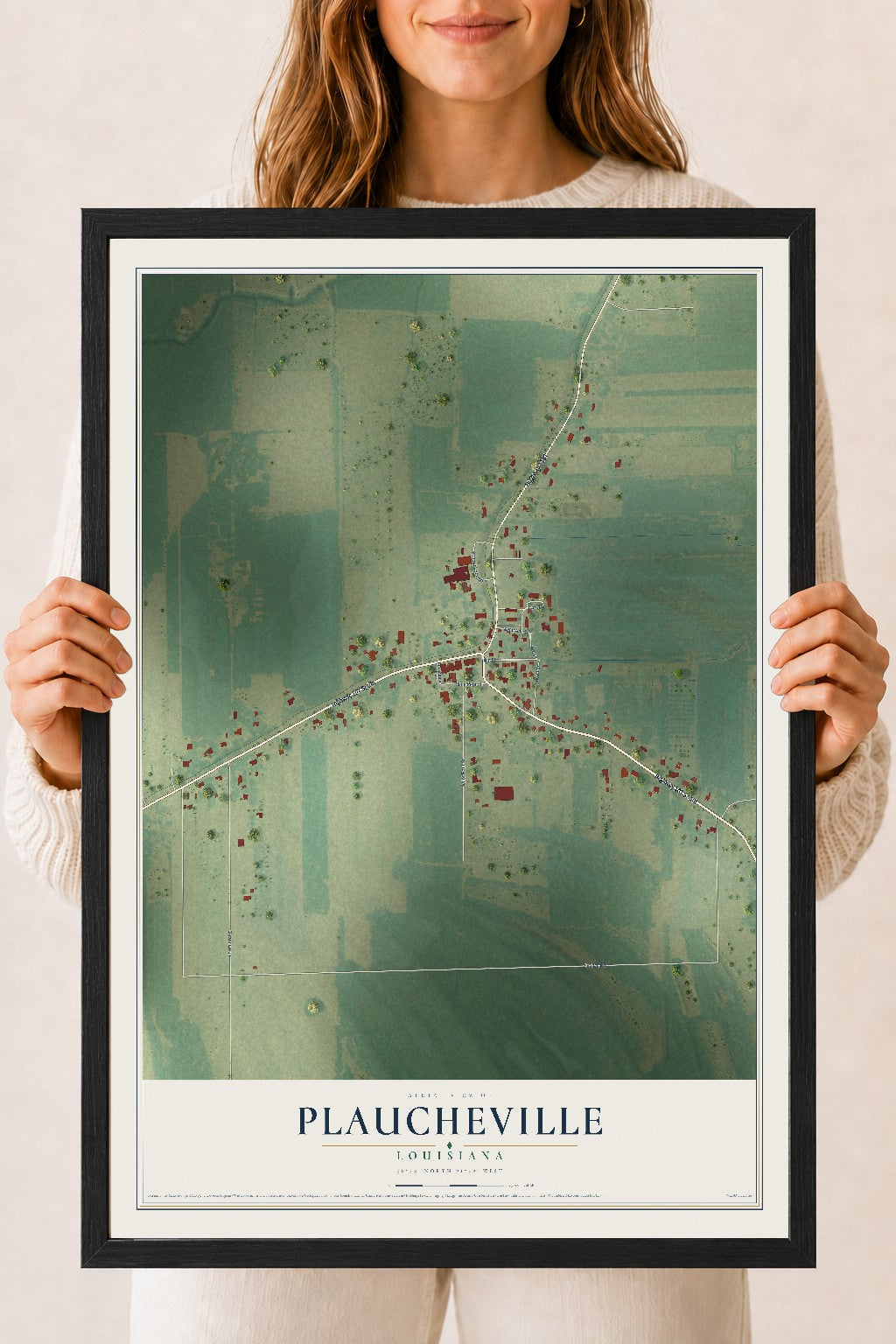 Map of Plaucheville, Louisiana, 18 x 24 inch print in a black wood frame