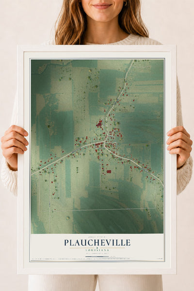 Map of Plaucheville, Louisiana, 18 x 24 inch print in a white wood frame