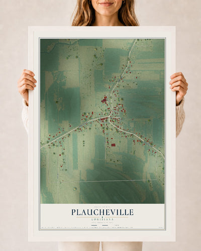 Map of Plaucheville, Louisiana, 24 x 36 inch print in a white wood frame