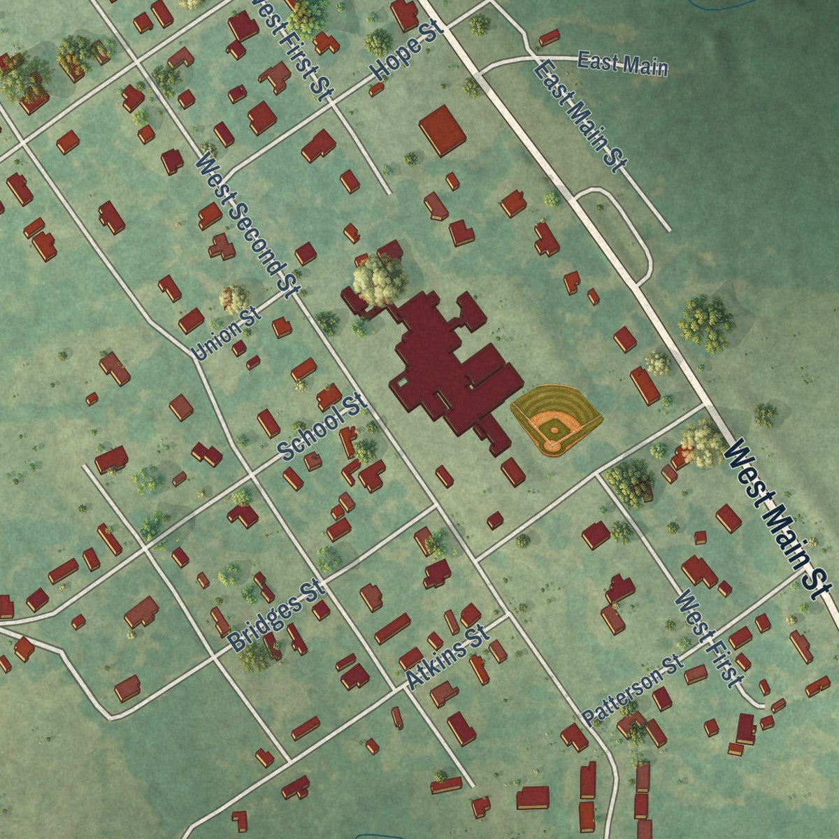 Second close-up of the map of Pleasant Hill, Louisiana print showing more streets and buildings