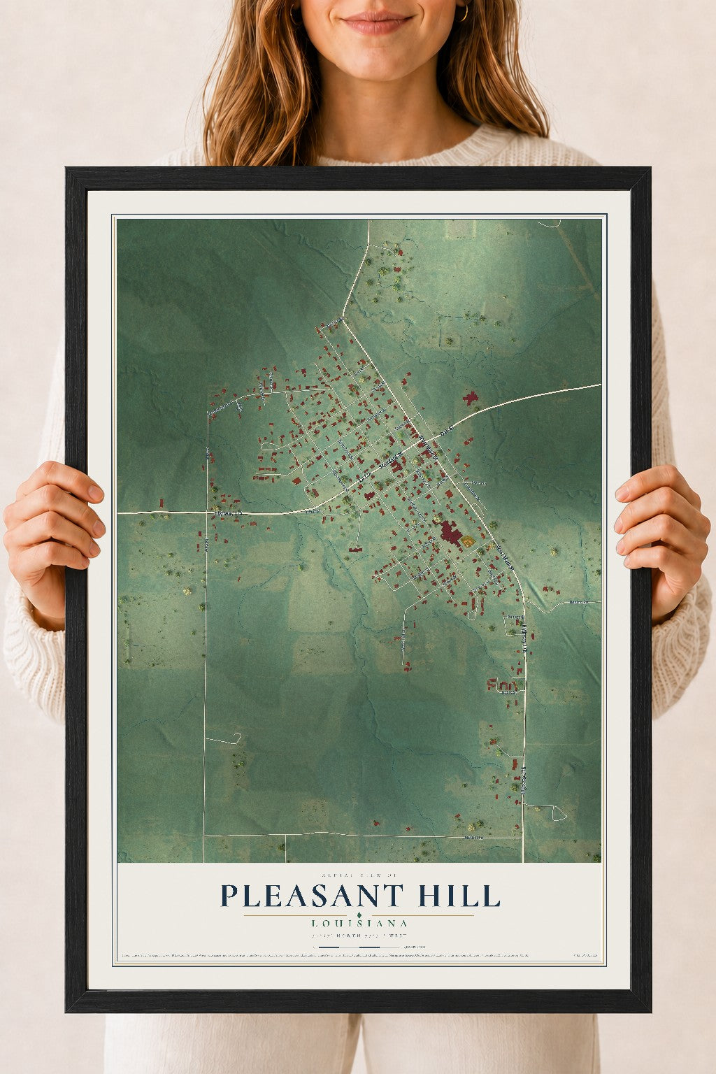 Map of Pleasant Hill, Louisiana, 18 x 24 inch print in a black wood frame