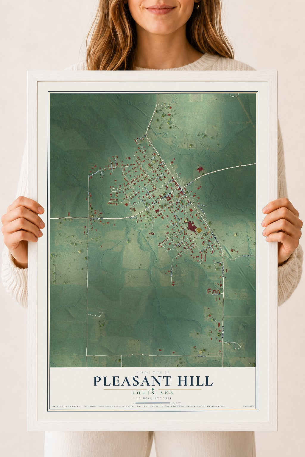 Map of Pleasant Hill, Louisiana, 18 x 24 inch print in a white wood frame