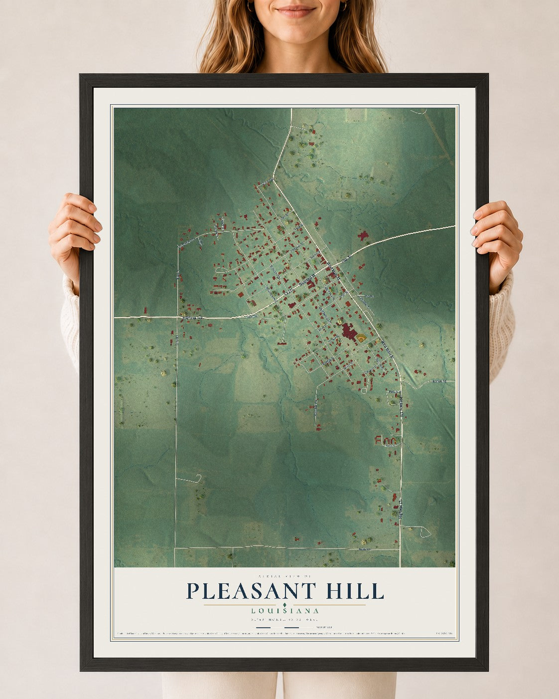 Map of Pleasant Hill, Louisiana, 24 x 36 inch print in a black wood frame