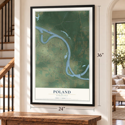 Poland, Louisiana map, 24 x 36 inch print in a black frame by a staircase