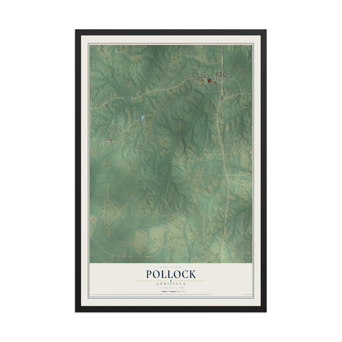 Map of Pollock, Louisiana, 12 x 18 inch print in a black wood frame