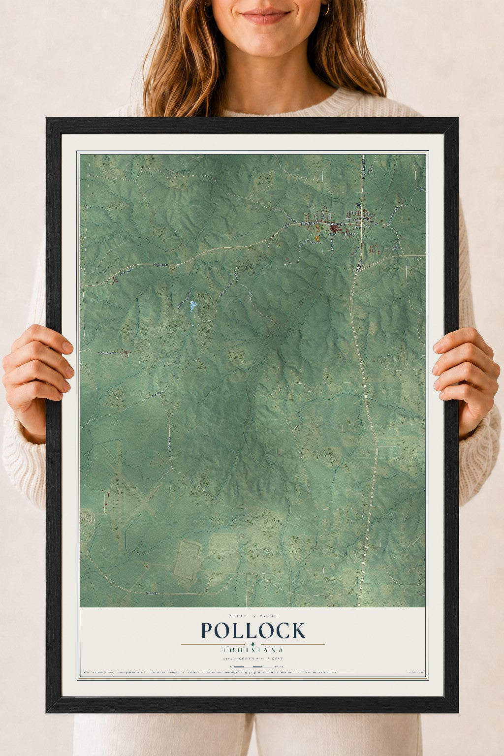 Map of Pollock, Louisiana, 18 x 24 inch print in a black wood frame