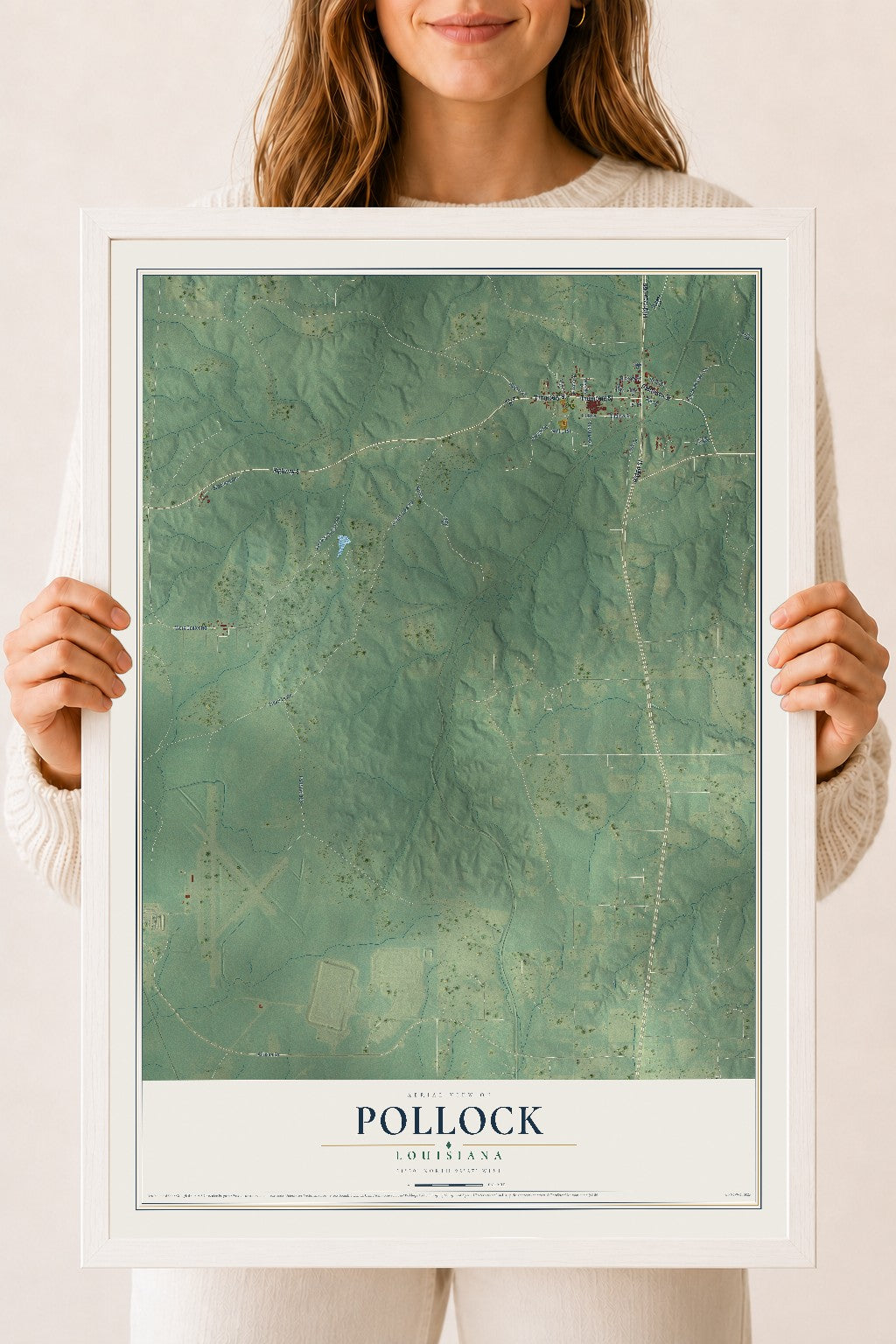 Map of Pollock, Louisiana, 18 x 24 inch print in a white wood frame