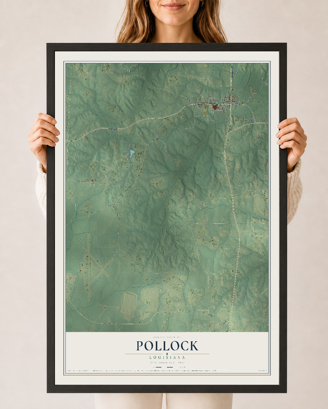 Map of Pollock, Louisiana, 24 x 36 inch print in a black wood frame