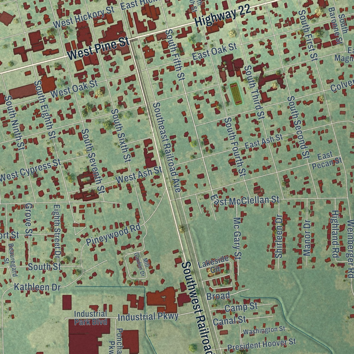 Close-up of the map of Ponchatoula, Louisiana print showing street and building detail