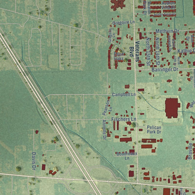 Second close-up of the map of Ponchatoula, Louisiana print showing more streets and buildings