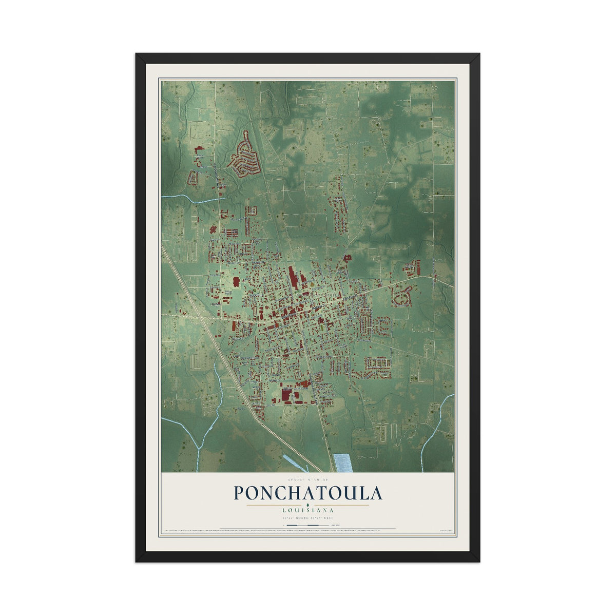 Map of Ponchatoula, Louisiana, 12 x 18 inch print in a black wood frame