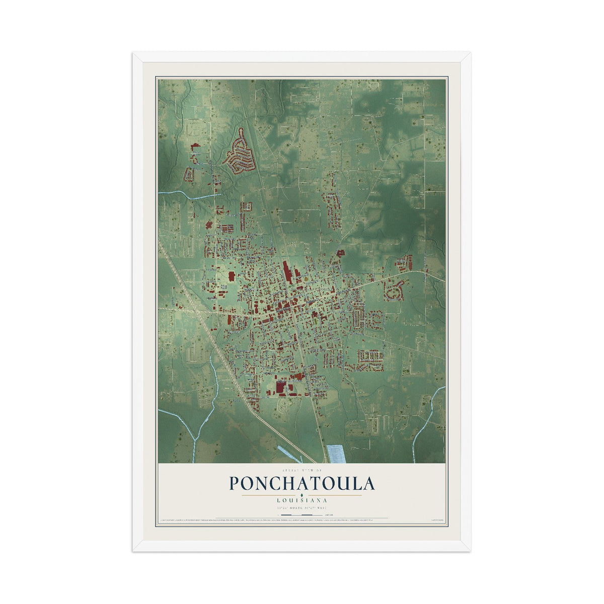 Map of Ponchatoula, Louisiana, 12 x 18 inch print in a white wood frame
