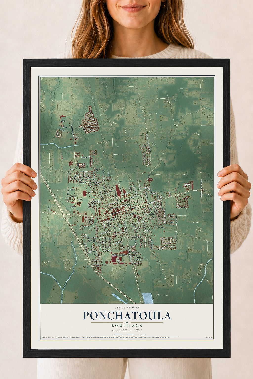 Map of Ponchatoula, Louisiana, 18 x 24 inch print in a black wood frame