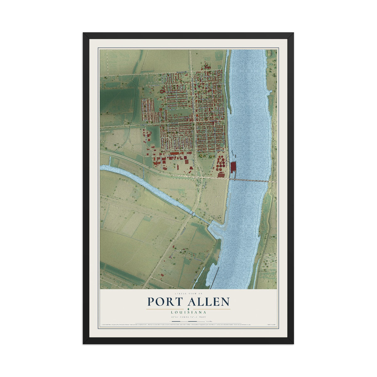 Map of Port Allen, Louisiana, 12 x 18 inch print in a black wood frame