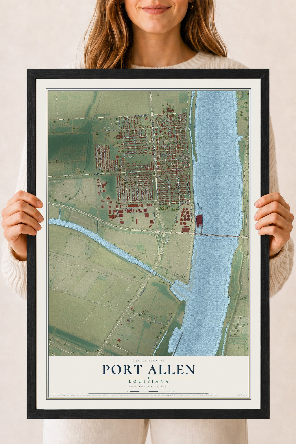 Map of Port Allen, Louisiana, 18 x 24 inch print in a black wood frame