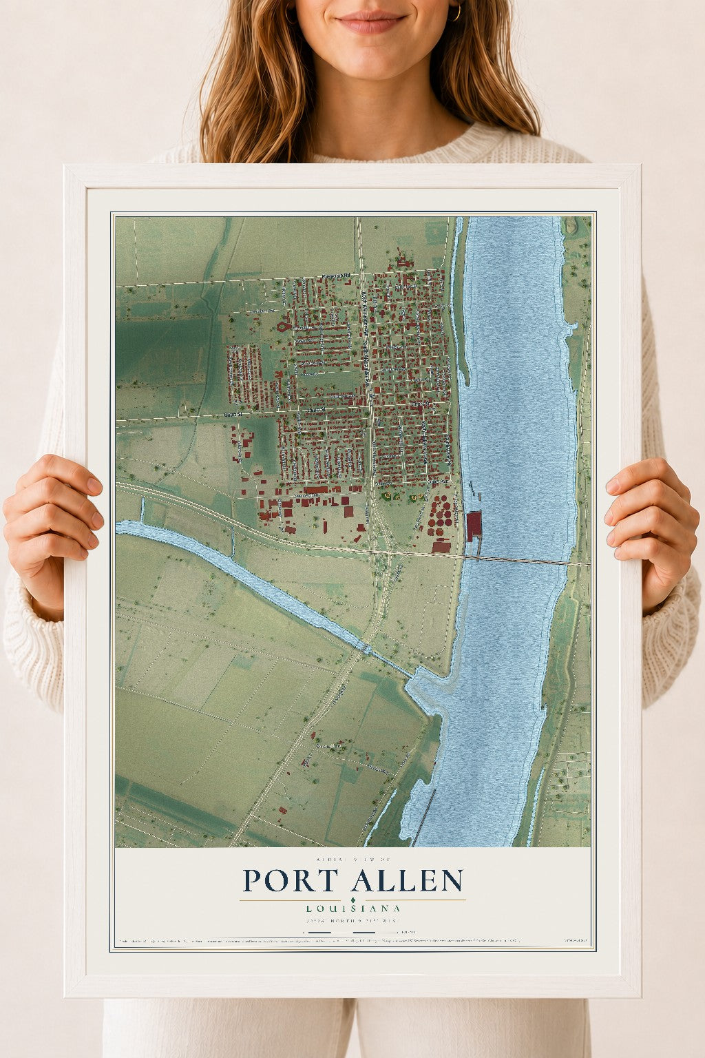 Map of Port Allen, Louisiana, 18 x 24 inch print in a white wood frame
