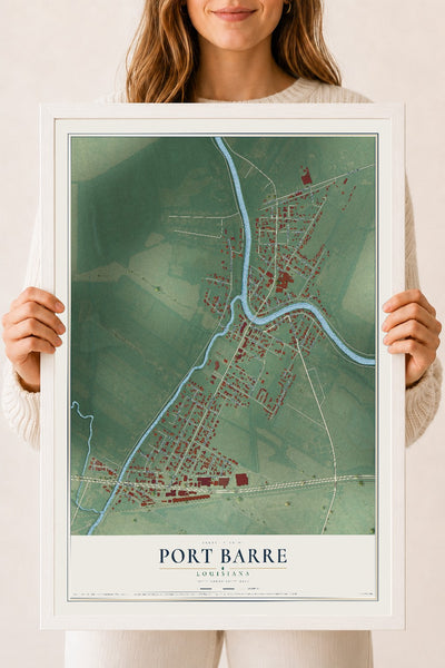 Map of Port Barre, Louisiana, 18 x 24 inch print in a white wood frame