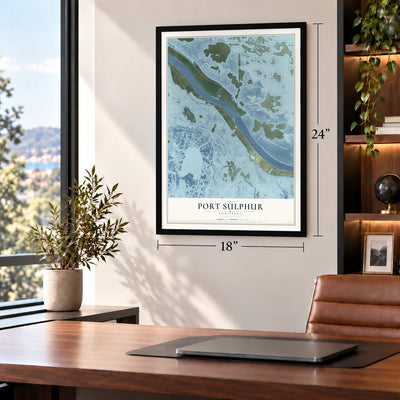 Port Sulphur, Louisiana map, 18 x 24 inch print in a black frame in a home office