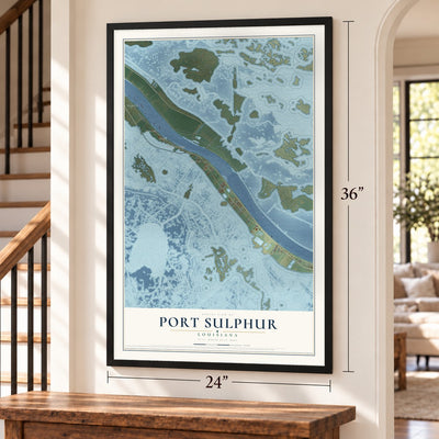 Port Sulphur, Louisiana map, 24 x 36 inch print in a black frame by a staircase