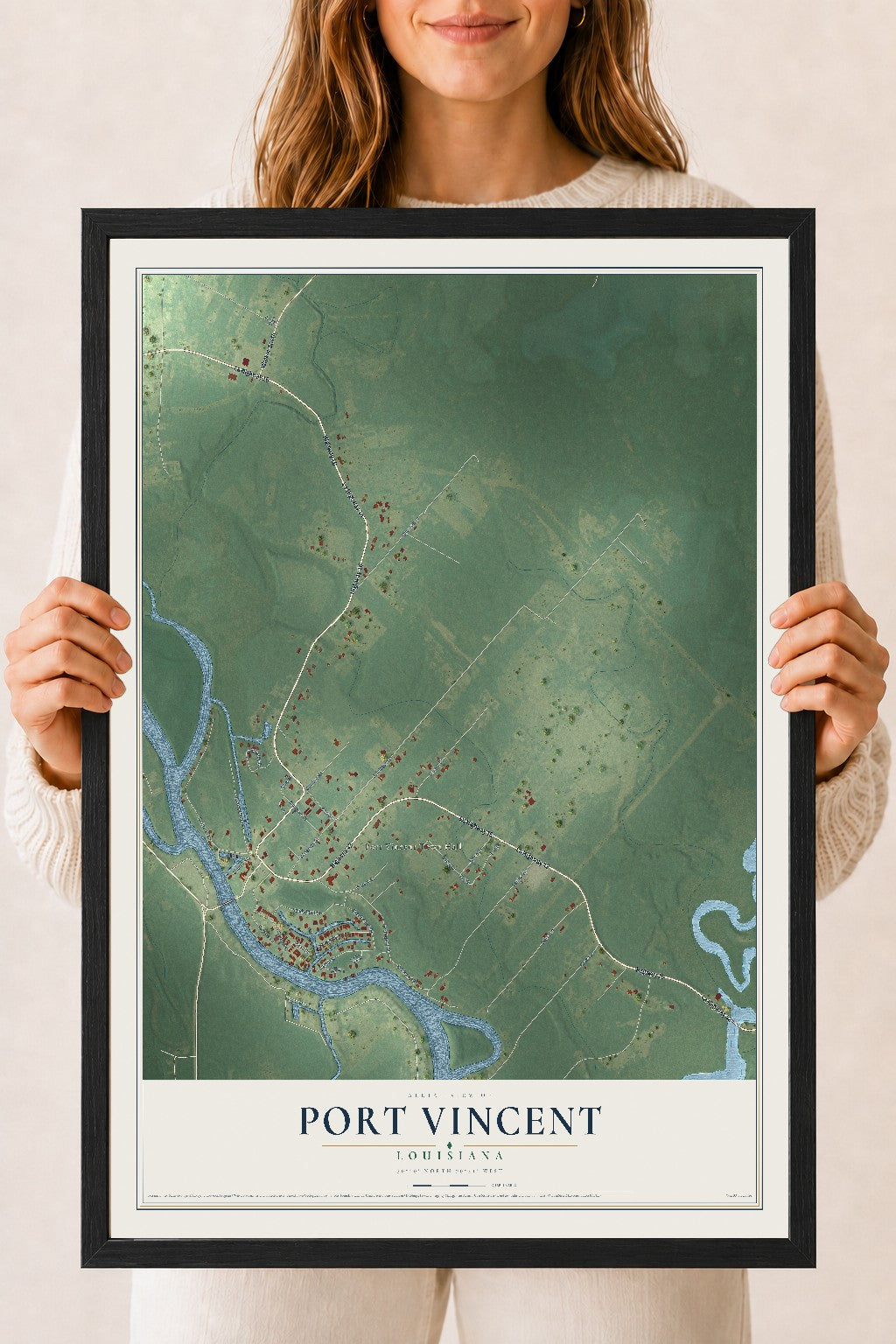 Map of Port Vincent, Louisiana, 18 x 24 inch print in a black wood frame