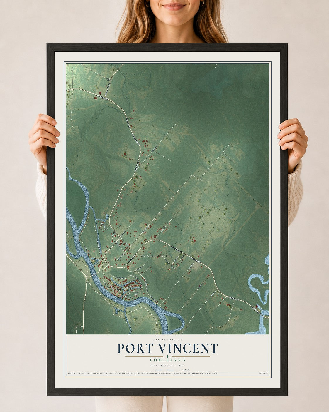 Map of Port Vincent, Louisiana, 24 x 36 inch print in a black wood frame