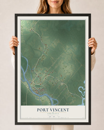 Map of Port Vincent, Louisiana, 24 x 36 inch print in a black wood frame